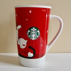Starbucks Tall Coffee Tea Mug Logo 16oz 2011 Christmas Dog Boy Sled Red Logo